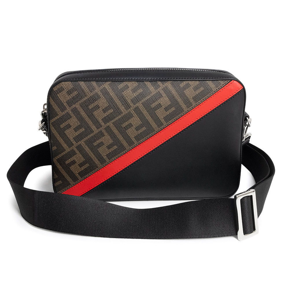 Fendi Diagonal Camera Case Zucca Canvas Leather Brown Red Shoulder Bag